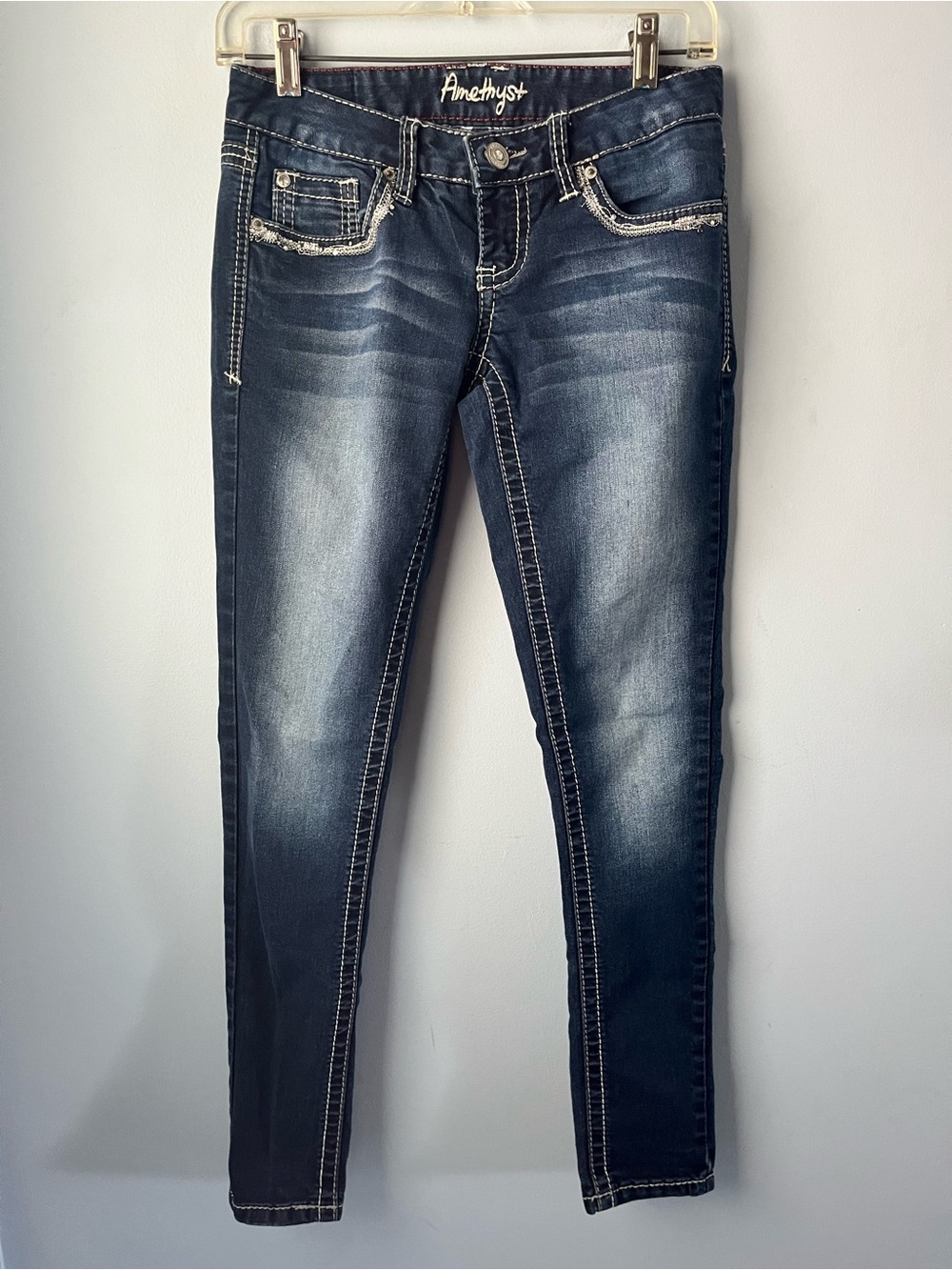 Amethyst Y2K Distressed Bedazzled Skinny Stretch Low-Rise Denim Jeans Size 3